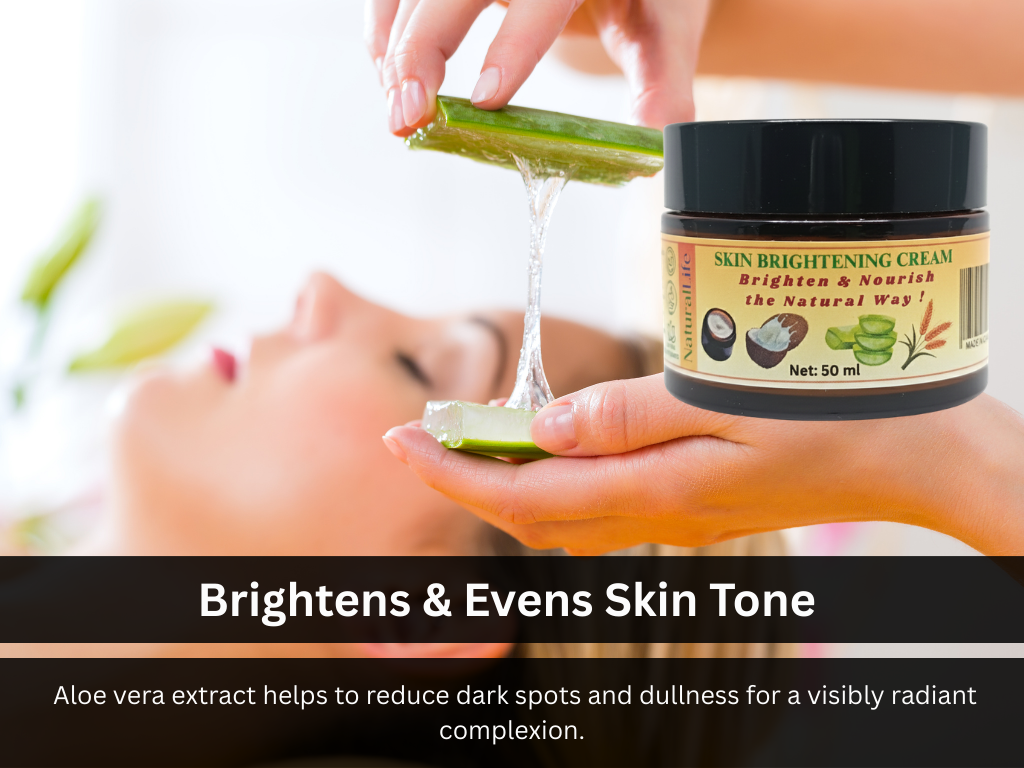 Person applying aloe vera gel to their face with a jar of skin brightening cream in the foreground.