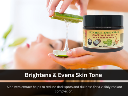 Person applying aloe vera gel to their face with a jar of skin brightening cream in the foreground.