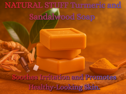 Orange soap bars with turmeric and sandalwood on a wooden background