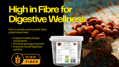 Bowl of dates with a container labeled 'High Fiber' and promotional text about digestive wellness.