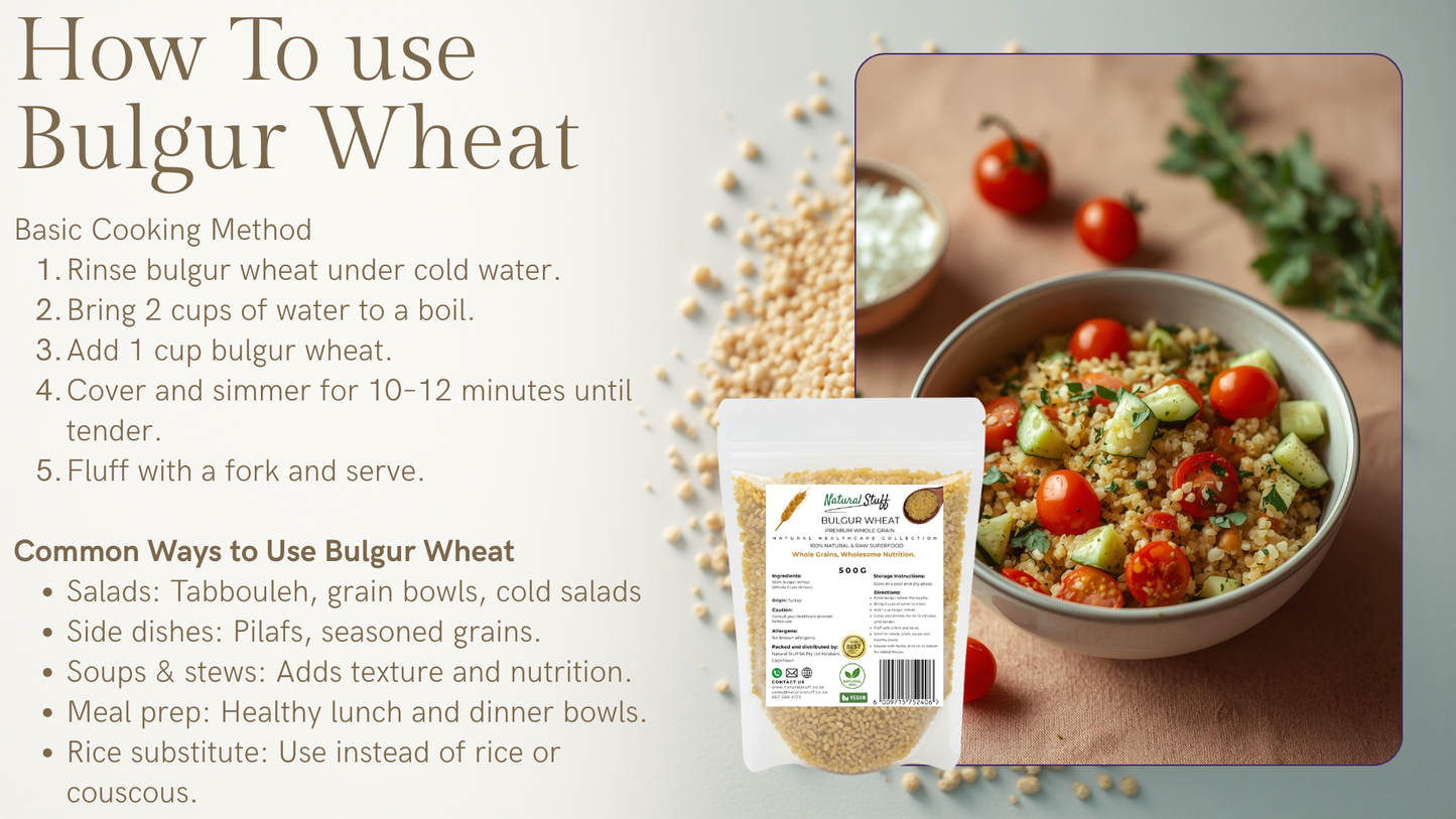Bulgur wheat cooking method and usage information with a bowl of salad and packaging.