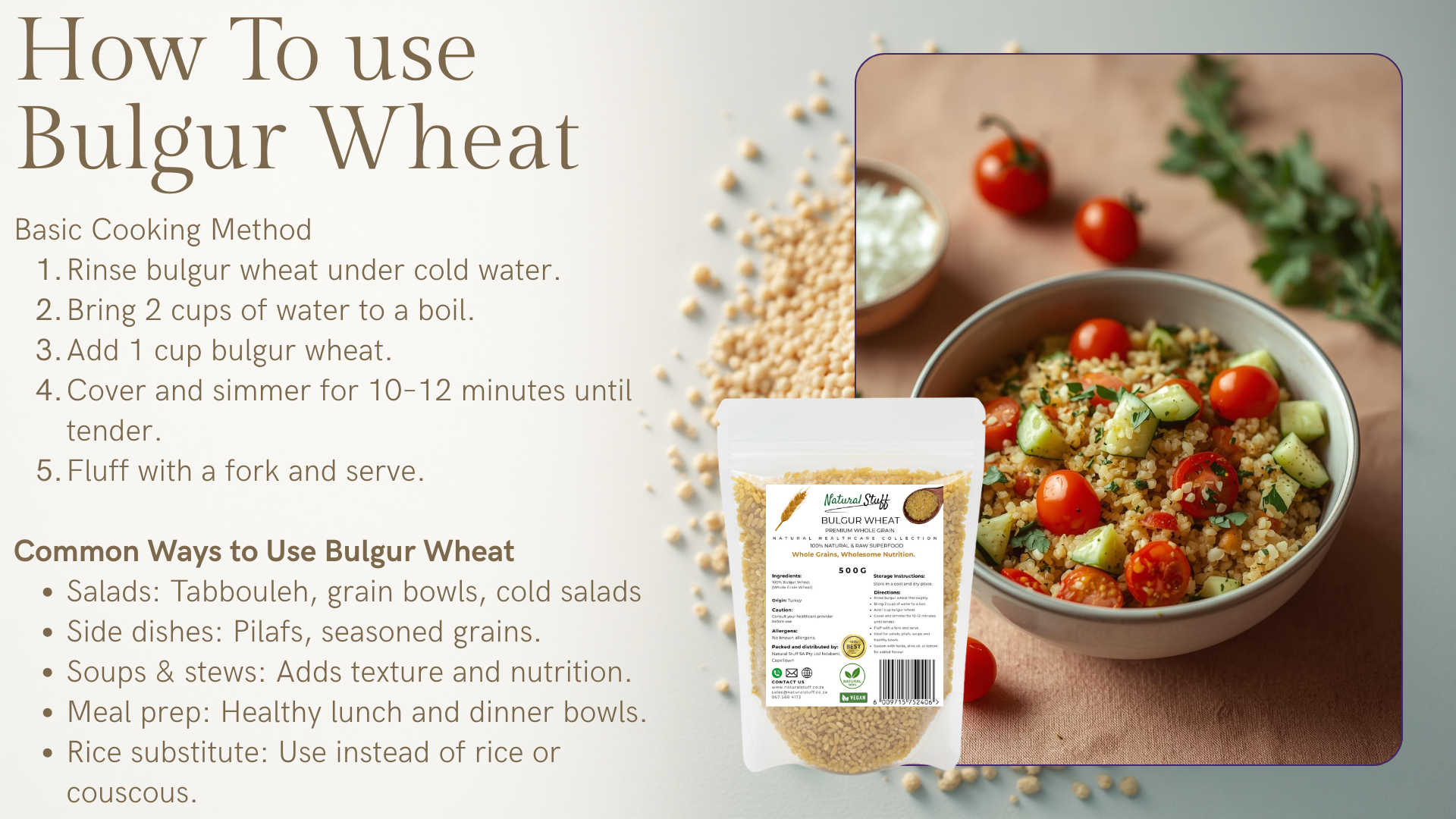 Bulgur wheat cooking method and usage information with a bowl of salad and packaging.