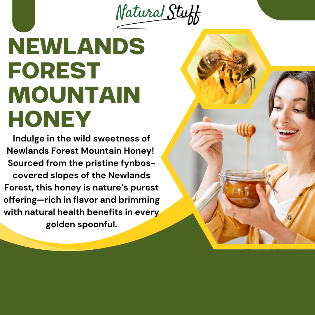 Advertisement for Newlands Forest Mountain Honey with a woman holding honey and a bee illustration.