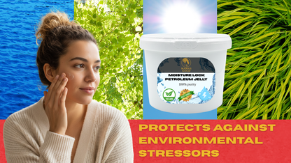 Woman applying cream with a jar of petro-derm jelly and nature-themed background