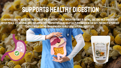 Chamomile product with a person holding a diagram of the digestive system and text about its benefits.