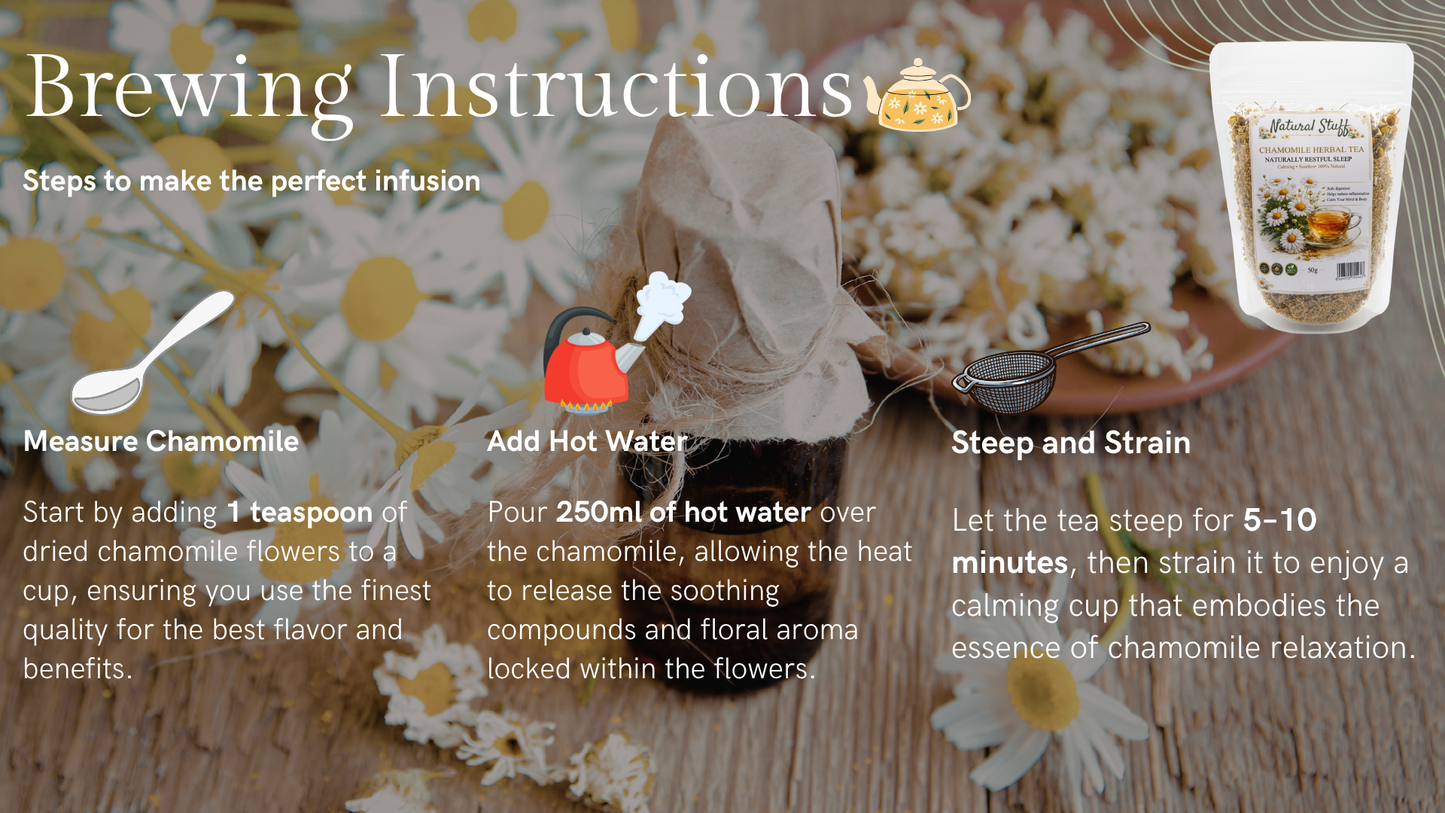 Brewing instructions for chamomile infusion with visual steps and a product image.