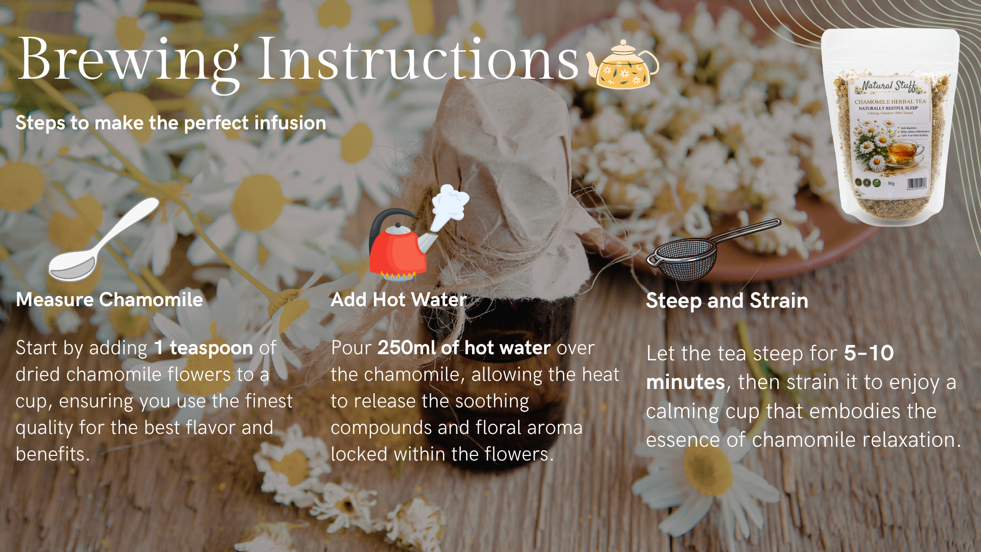 Brewing instructions for chamomile infusion with visual steps and a product image.