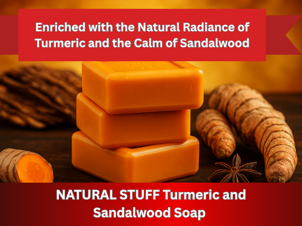 Orange soap bars with turmeric and sandalwood on a wooden background, labeled 'NATURAL STUFF Turmeric and Sandalwood Soap'.