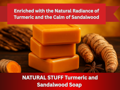 Orange soap bars with turmeric and sandalwood on a wooden background, labeled 'NATURAL STUFF Turmeric and Sandalwood Soap'.