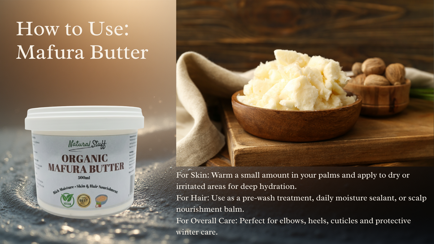 Mafura Butter packaging with instructions on how to use it for skin, hair, and overall care.