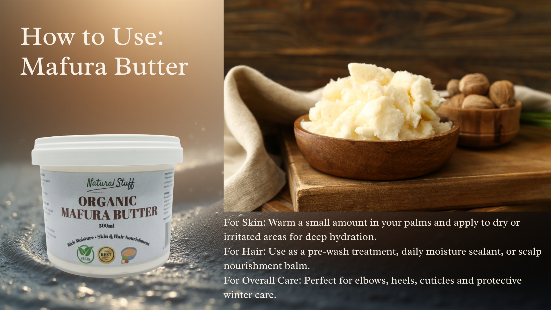 Mafura Butter packaging with instructions on how to use it for skin, hair, and overall care.