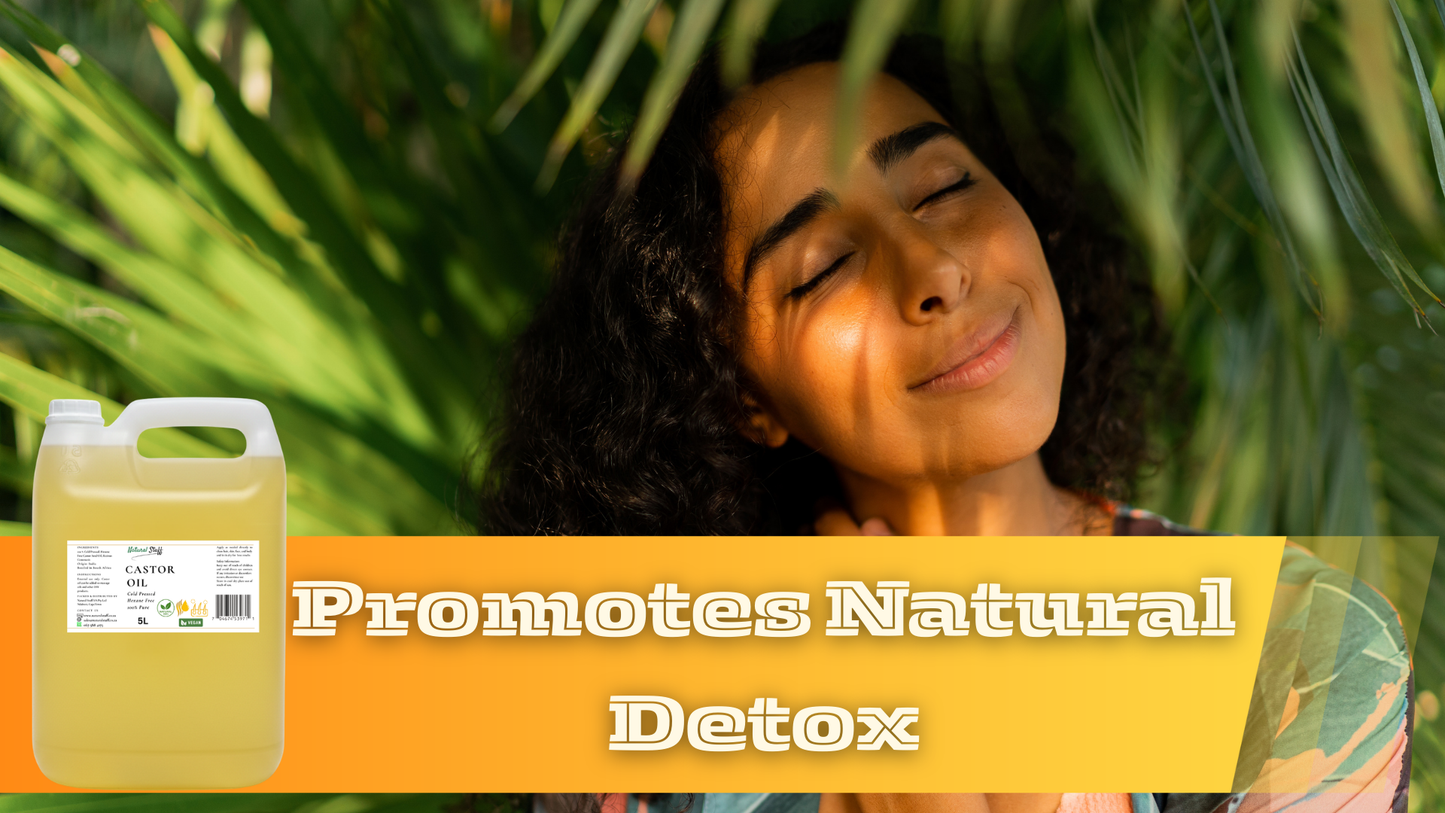 Woman lying among plants with a product labeled 'Promotes Natural Detox' on an orange banner.