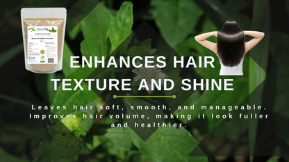 Product packaging with text about hair care benefits on a green leafy background