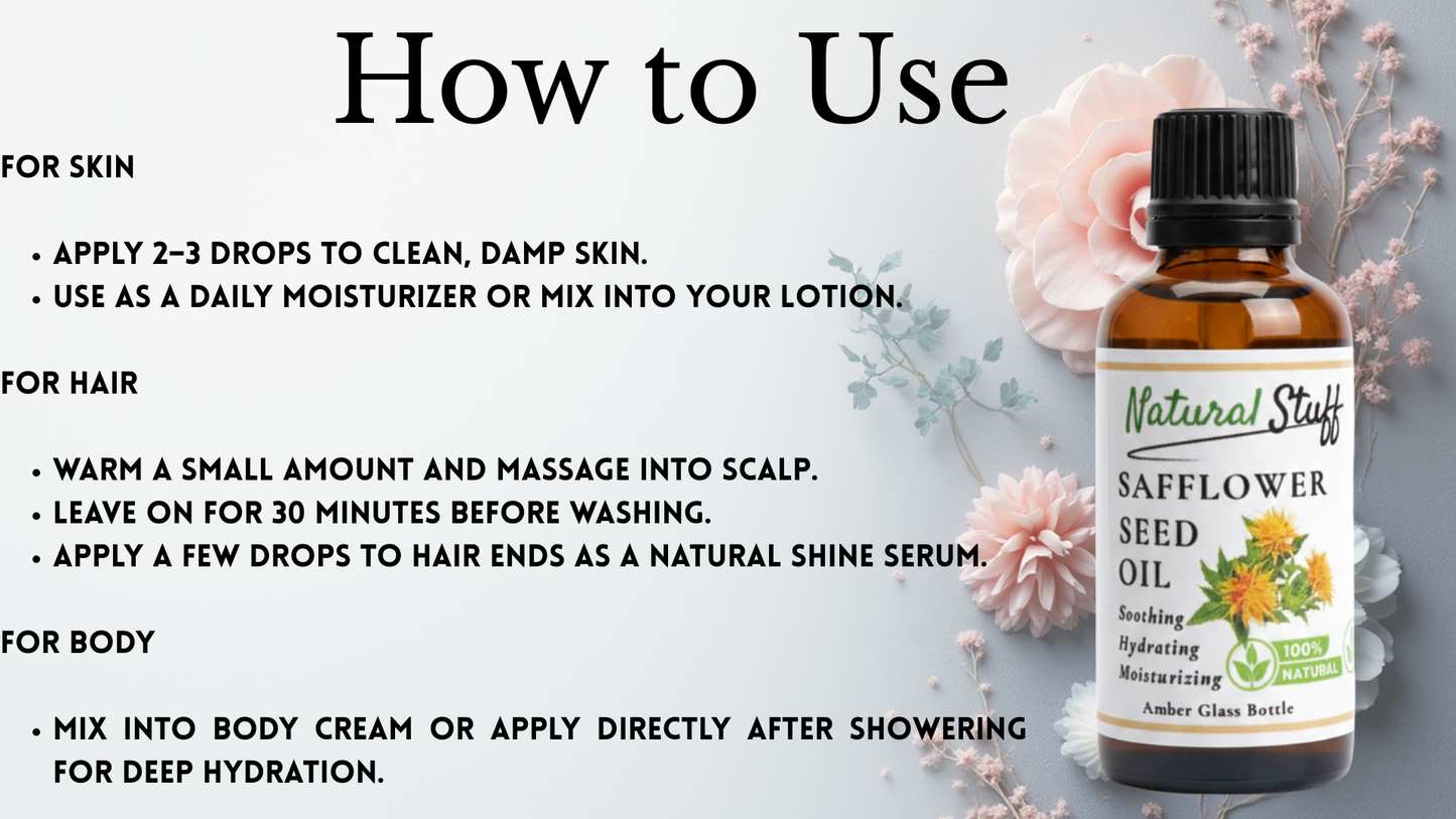 Safflower seed oil bottle with usage instructions on a light background