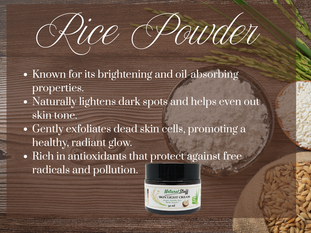 Promotional image of rice powder with a jar of cream on a wooden background