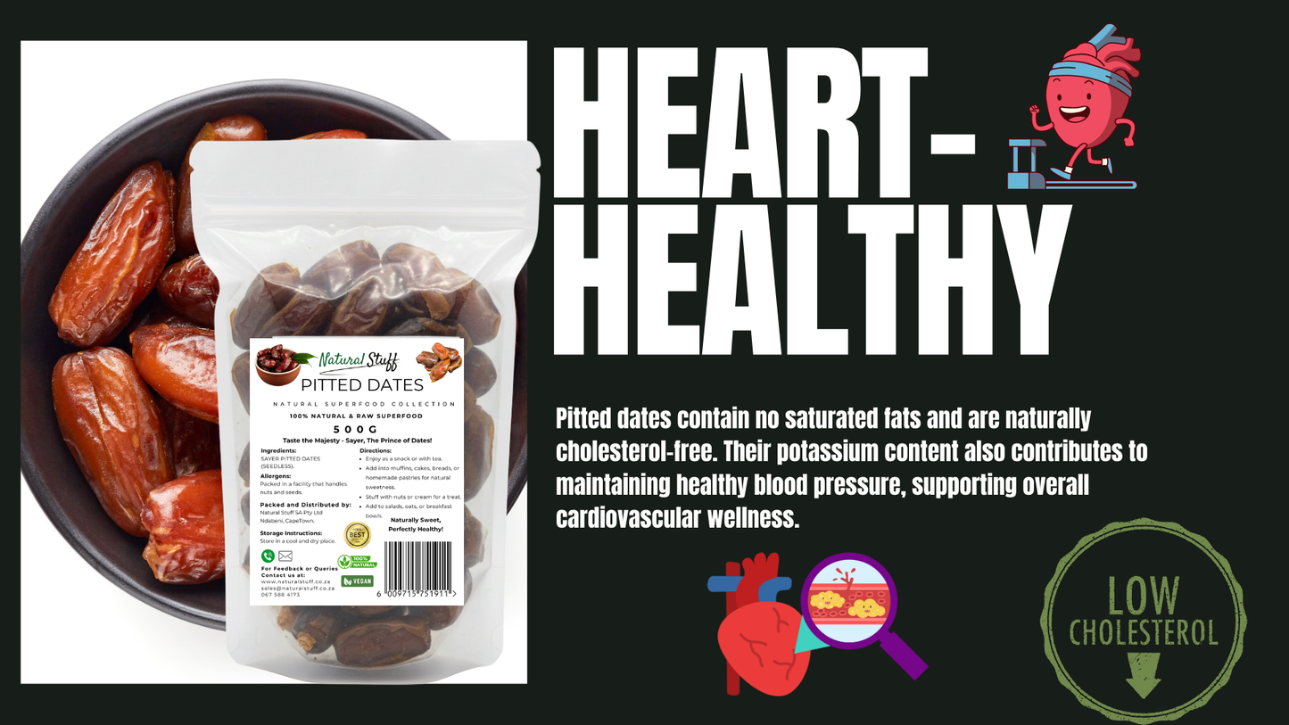 Pitted dates packaging with health benefits text and graphics on a black background