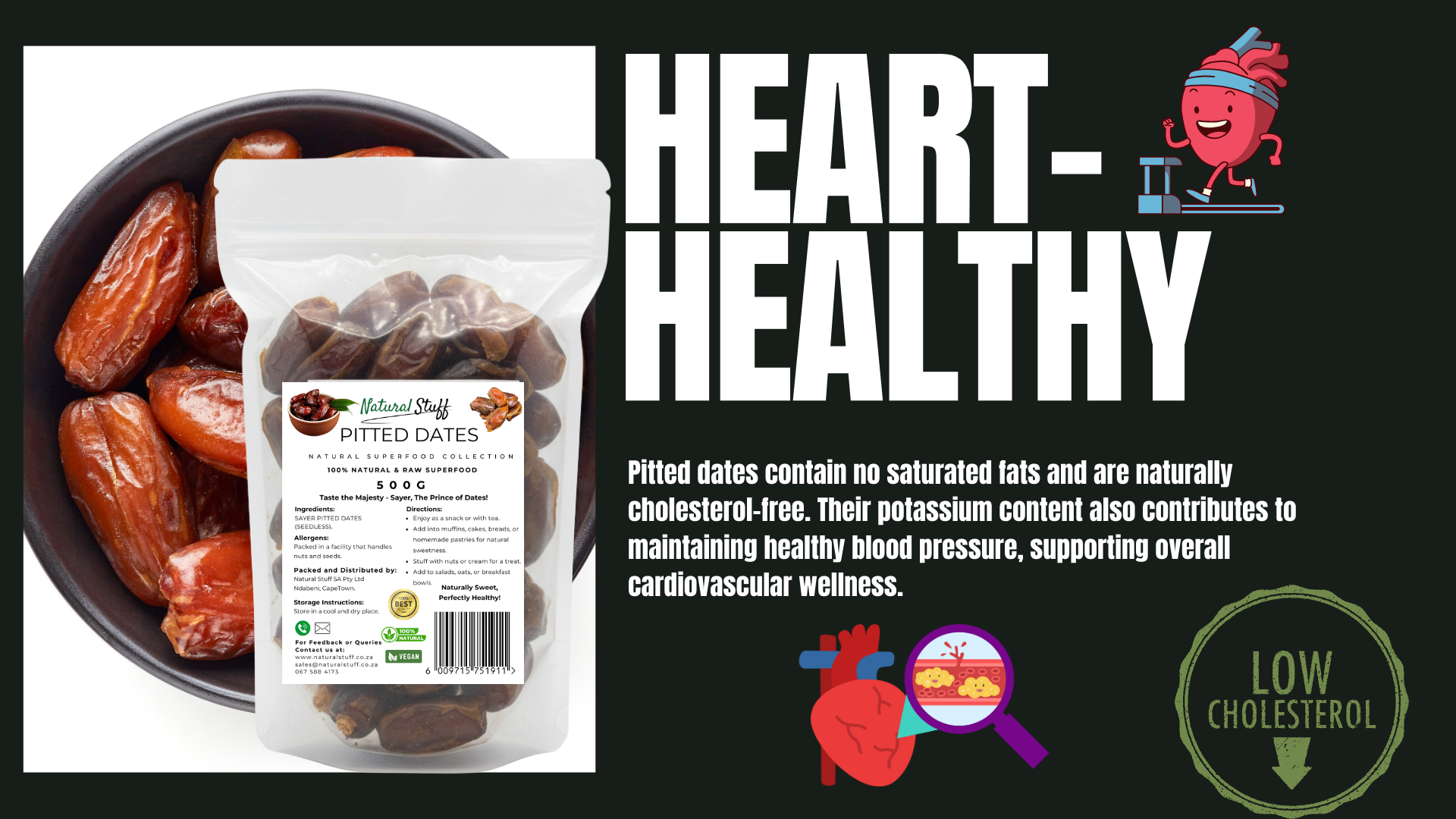 Pitted dates packaging with health benefits text and graphics on a black background