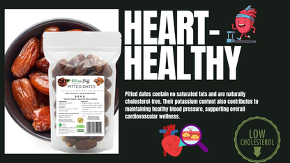 Pitted dates packaging with health benefits text and graphics on a black background