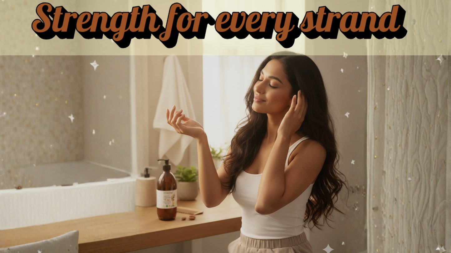 Woman applying lotion in a bathroom with text 'Strength for every strand'.