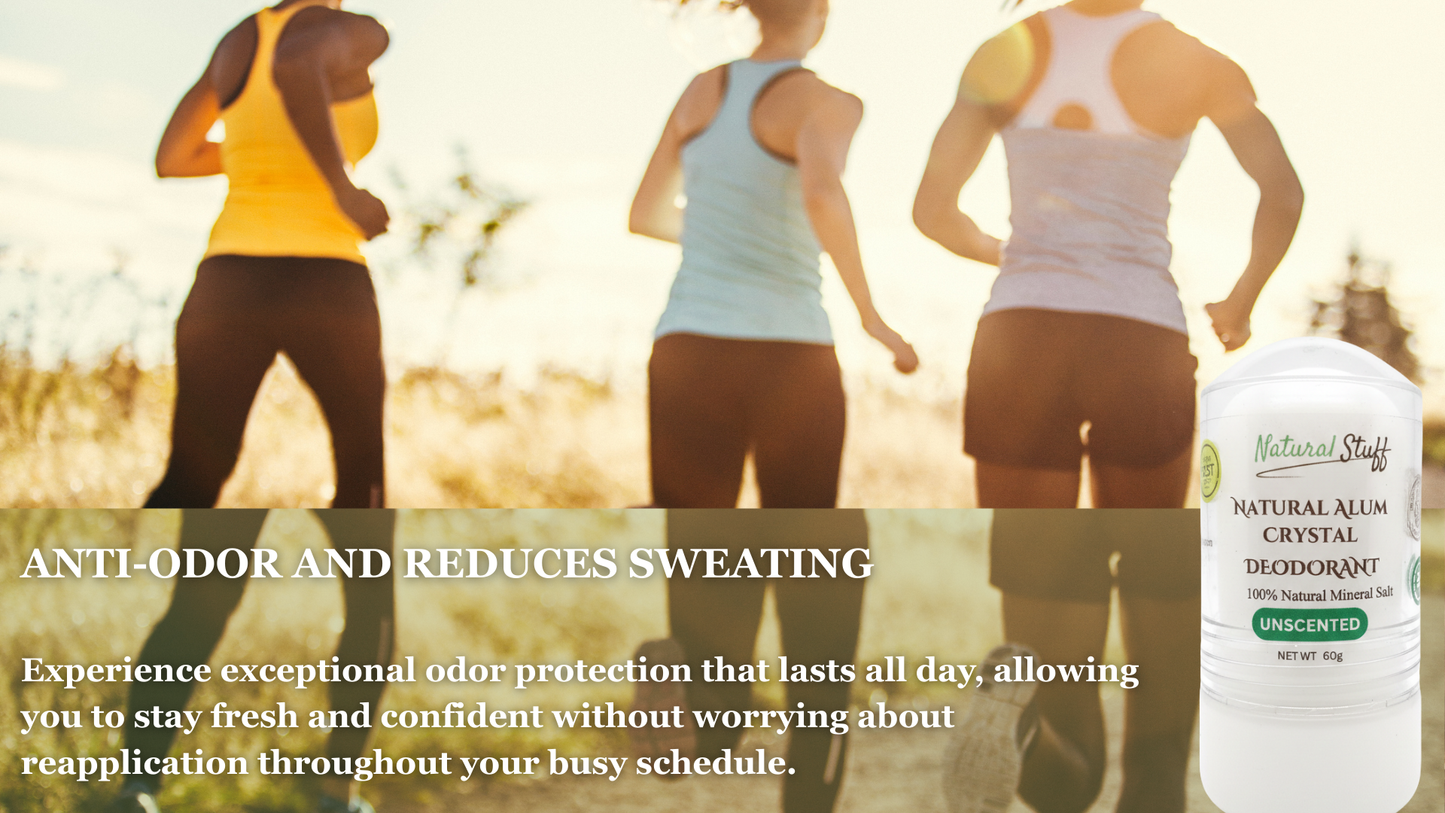 Three people running outdoors with a bottle of natural deodorant in the foreground.