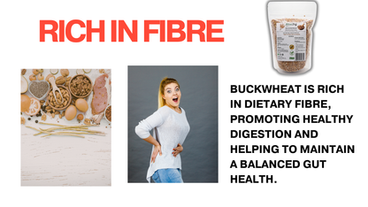 Advertisement about buckwheat's fiber benefits with images of buckwheat products and a person.