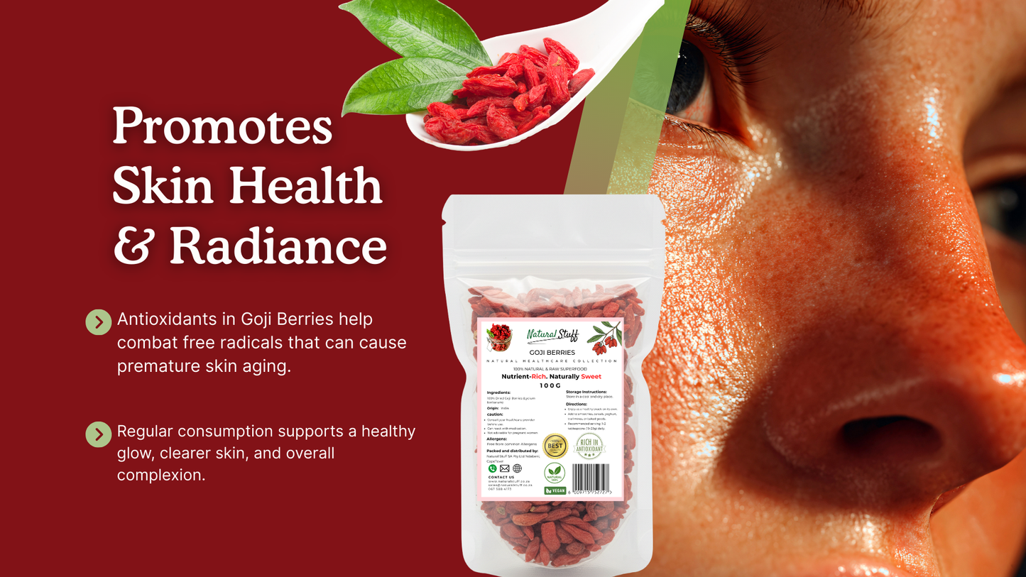 Goji berries packaging with a close-up of a person's skin and text about skin health on a red background.