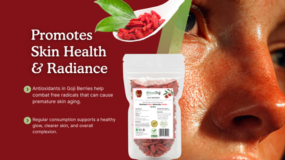Goji berries packaging with a close-up of a person's skin and text about skin health on a red background.