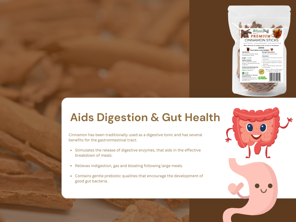 Cinnamon sticks with a product packaging and health benefits text on a brown background