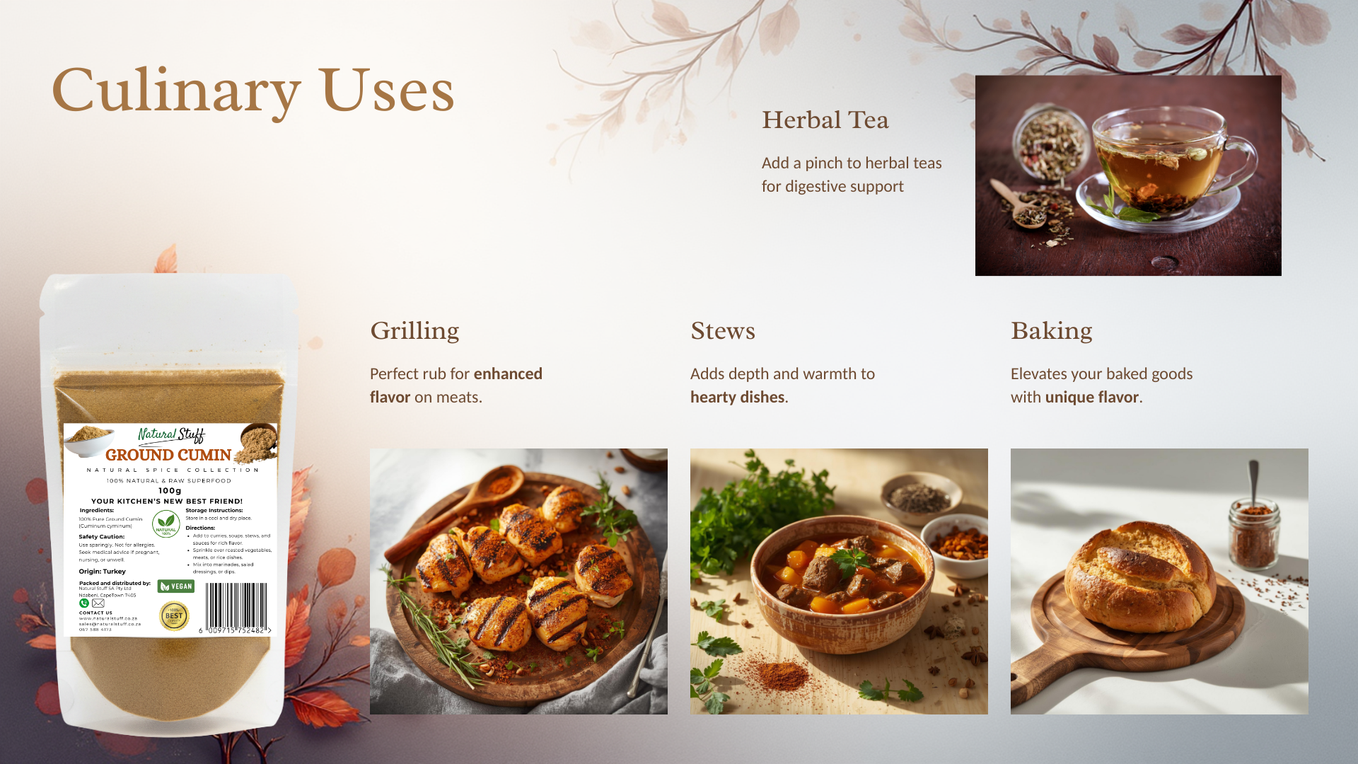 Product packaging with culinary uses displayed on a decorative background