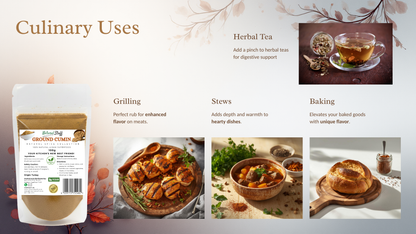 Product packaging with culinary uses displayed on a decorative background