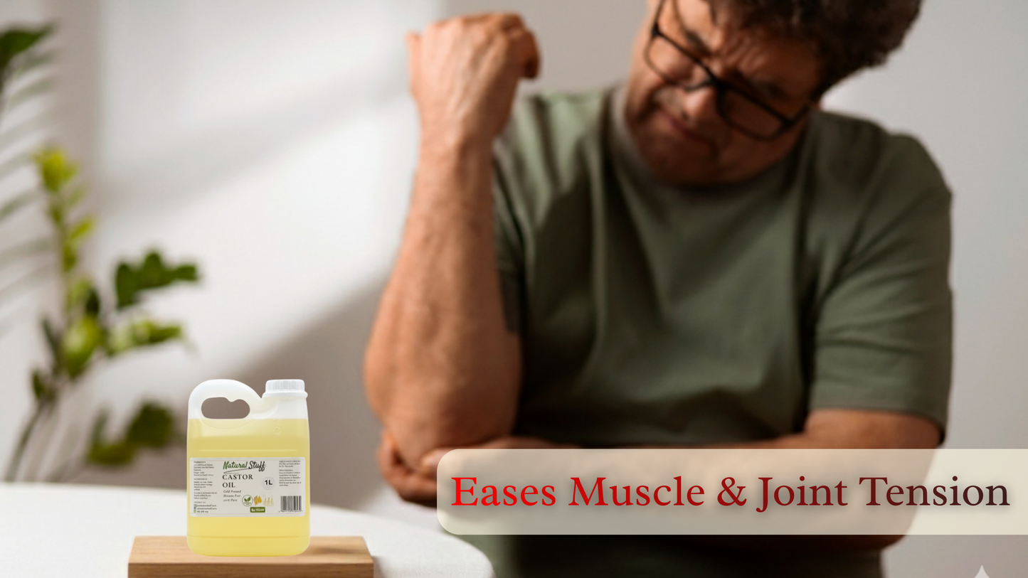 Person with a bottle of a product labeled 'Eases Muscle & Joint Tension' on a table.