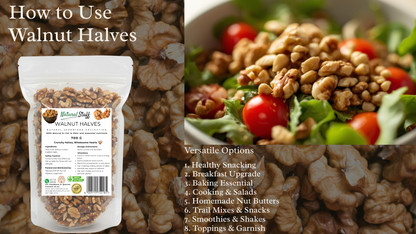 Packaging of Walnut Halves with a salad and text on how to use them.