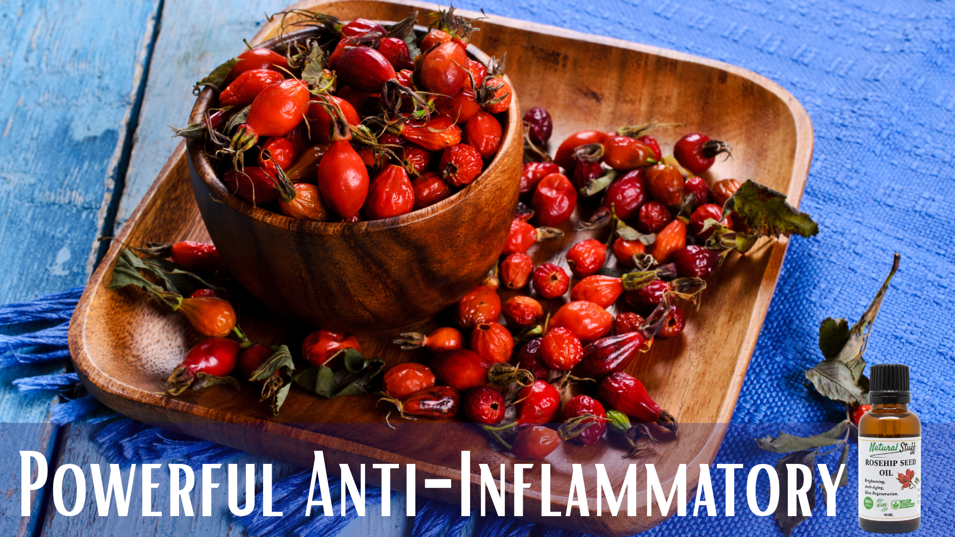 Wooden bowl filled with red berries on a wooden tray with a blue background, featuring text 'Powerful Anti-Inflammatory'.