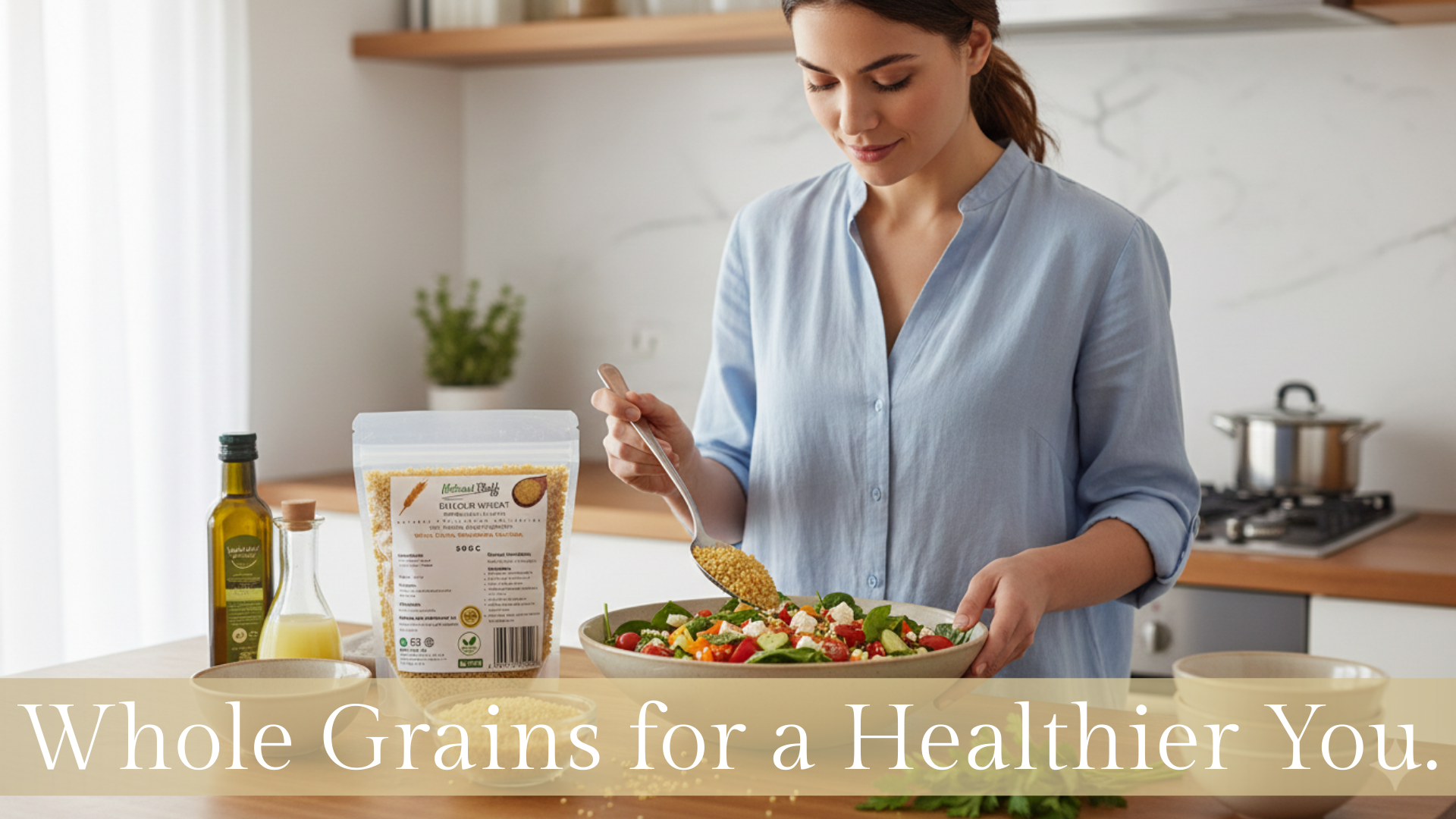 Woman preparing a salad with a bag of whole grains in a kitchen.