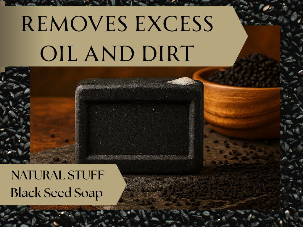 Black seed soap bar with a wooden cup and black seeds on a dark background, labeled 'Removes excess oil and dirt'.