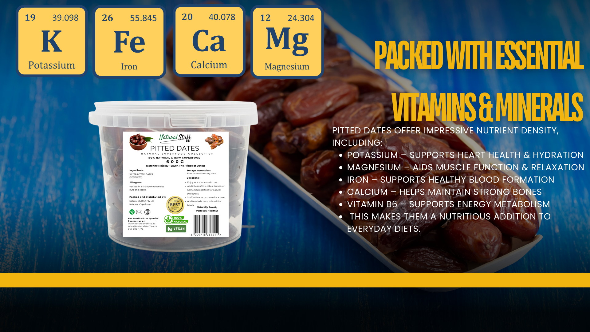Pitted dates with a container labeled 'Pitted Dates' on a blue background, highlighting vitamins and minerals.