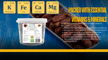 Pitted dates with a container labeled 'Pitted Dates' on a blue background, highlighting vitamins and minerals.