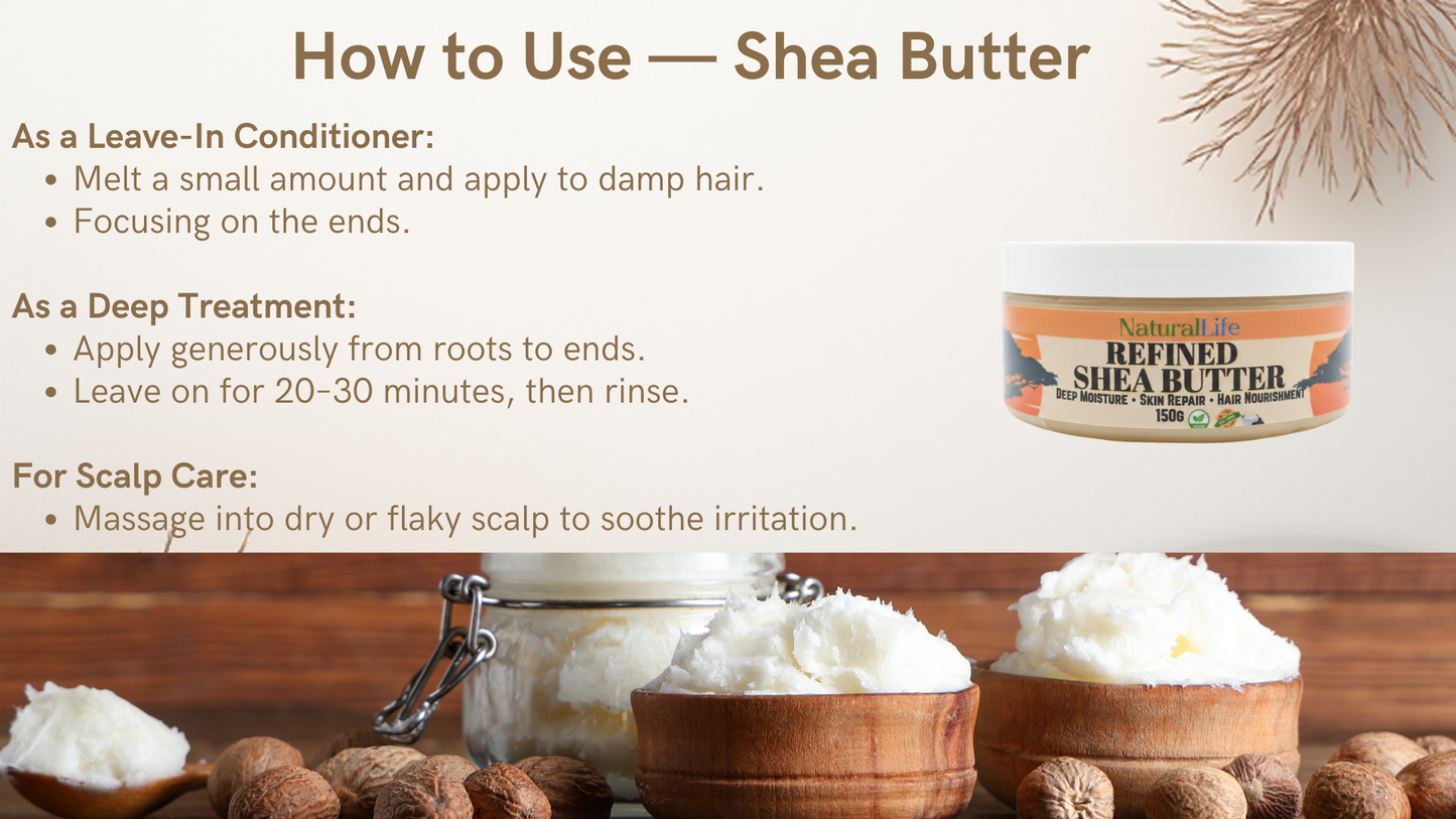 Shea butter product with usage instructions and natural elements on a wooden surface.
