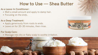 Shea butter product with usage instructions and natural elements on a wooden surface.