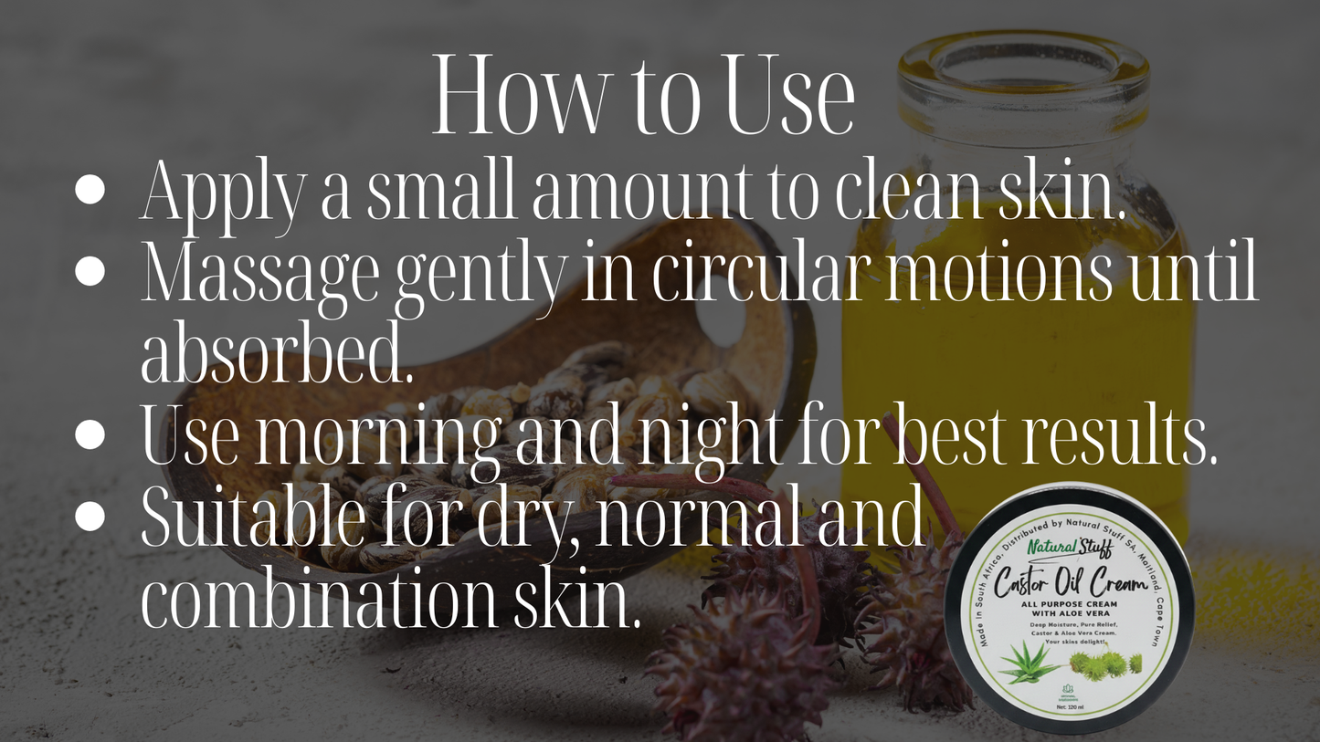 Instructions on how to use a natural skincare product with a jar and cream container in the background.