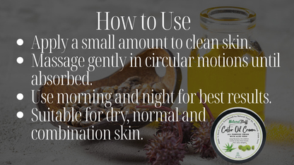 Instructions on how to use a natural skincare product with a jar and cream container in the background.