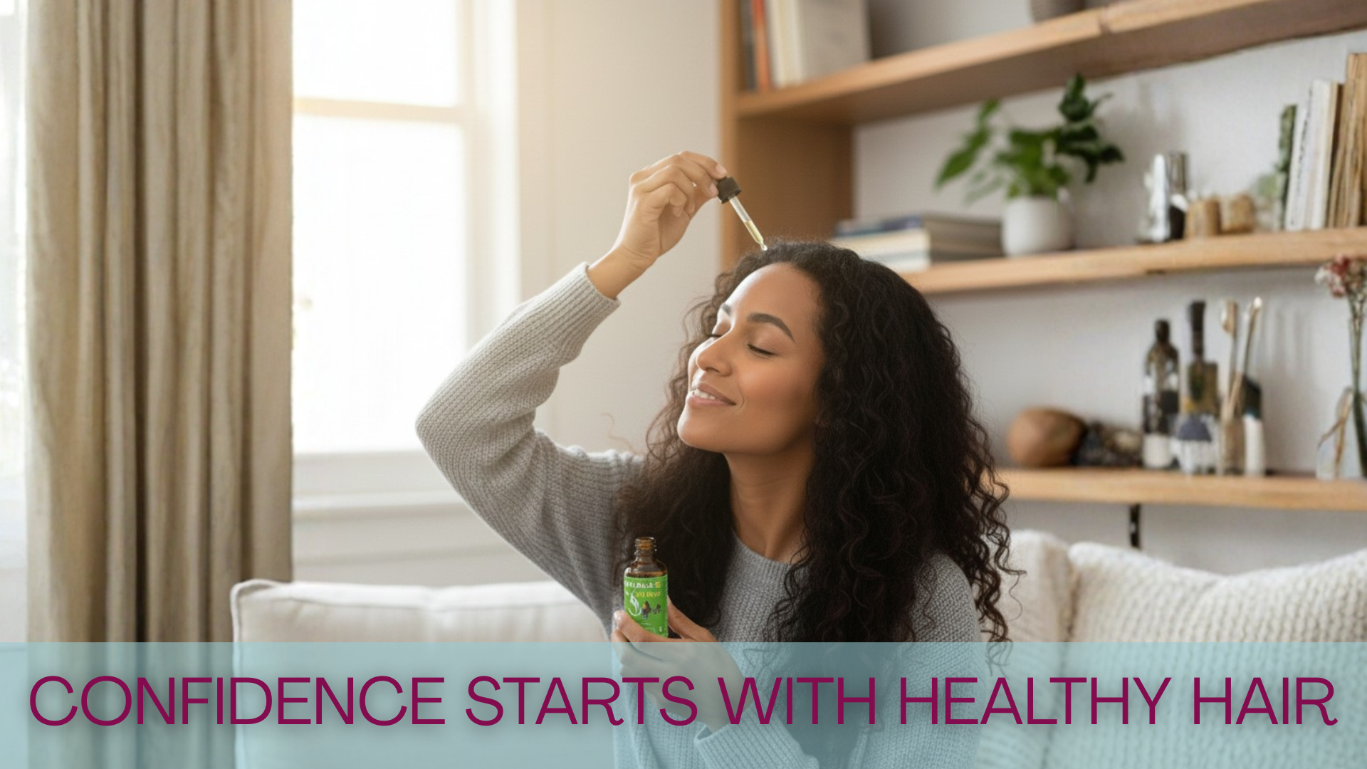 Woman styling her hair with a bottle of hair product in a cozy living room.