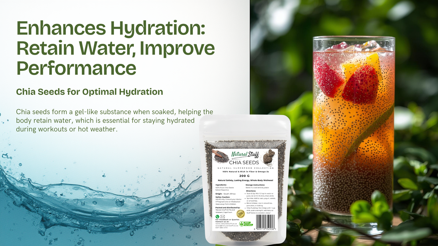 Chia seeds packaging with a glass of iced tea and strawberries, set against a green leafy background.