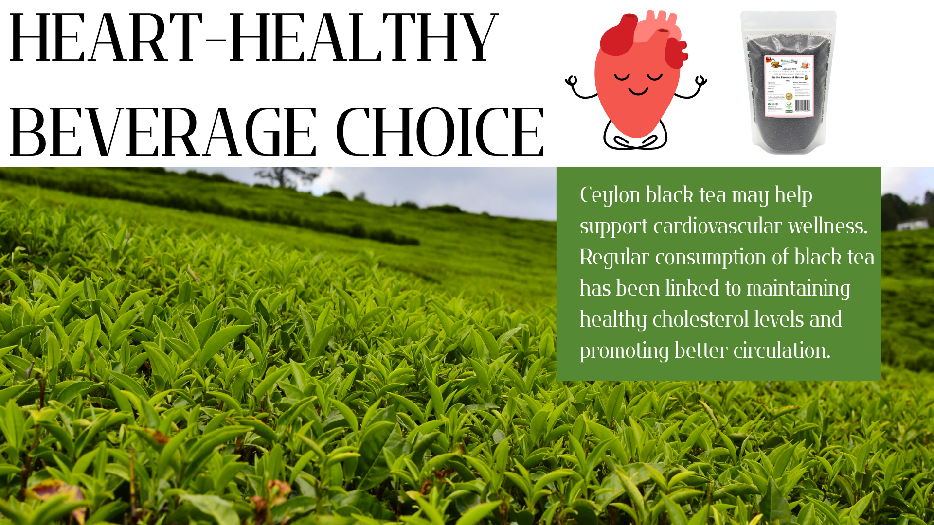 Tea field with black tea packaging and text about heart-healthy beverage choice.