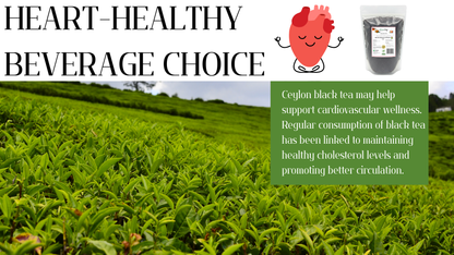 Tea field with black tea packaging and text about heart-healthy beverage choice.