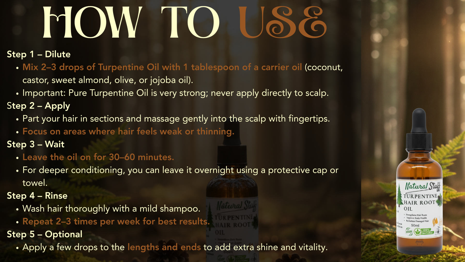 Instructions on how to use turpentine oil with a bottle of oil in the background.