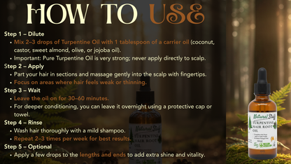 Instructions on how to use turpentine oil with a bottle of oil in the background.
