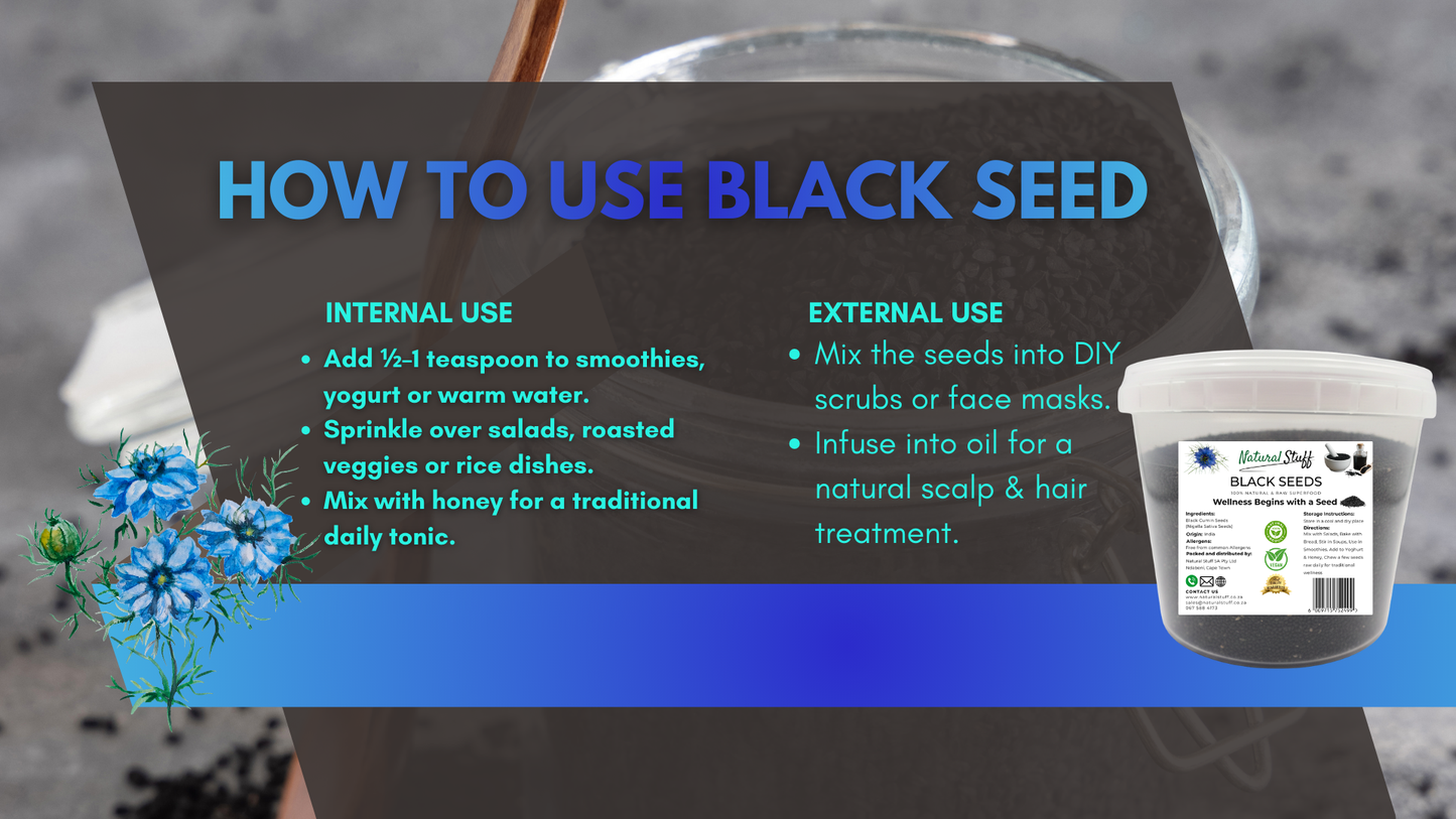 Instructions on how to use black seed with a container of black seed oil.