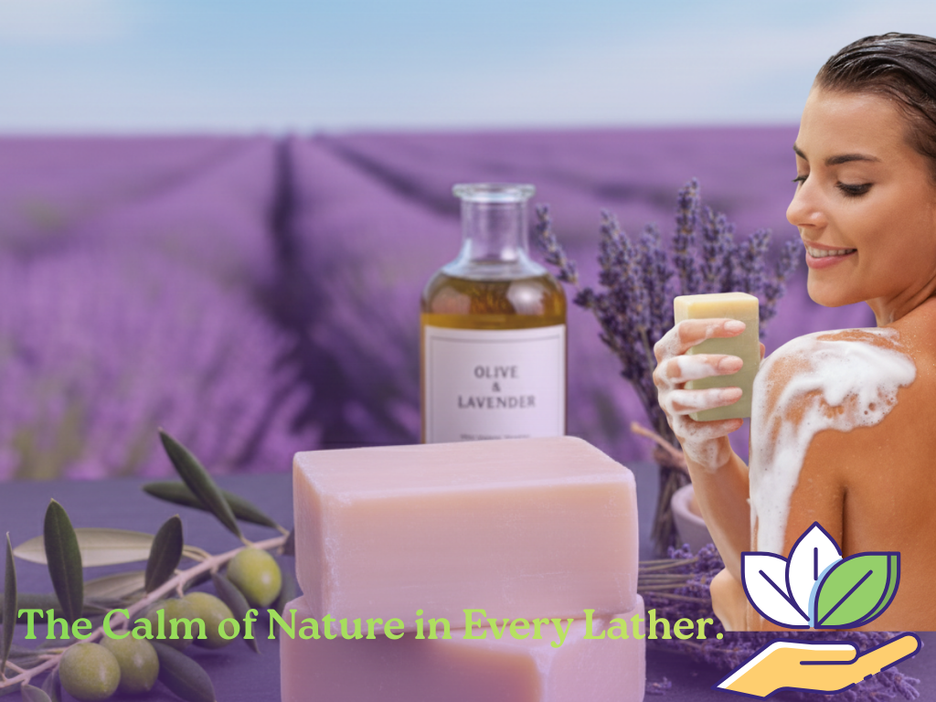 Woman with soap and olive oil bottle in front of lavender field, with text 'The Calm of Nature in Every Lather'.