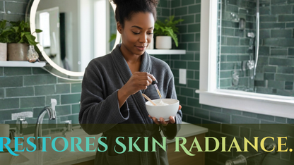 Woman in a bathroom eating from a bowl with text 'RESTORES SKIN RADIANCE'.